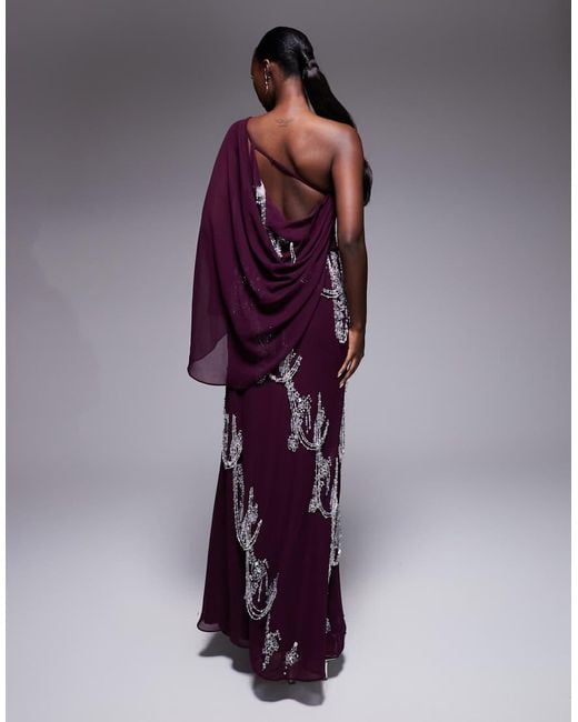ASOS Purple Fringe Embellished Bias Cut Maxi Dress With Cape Sleeve