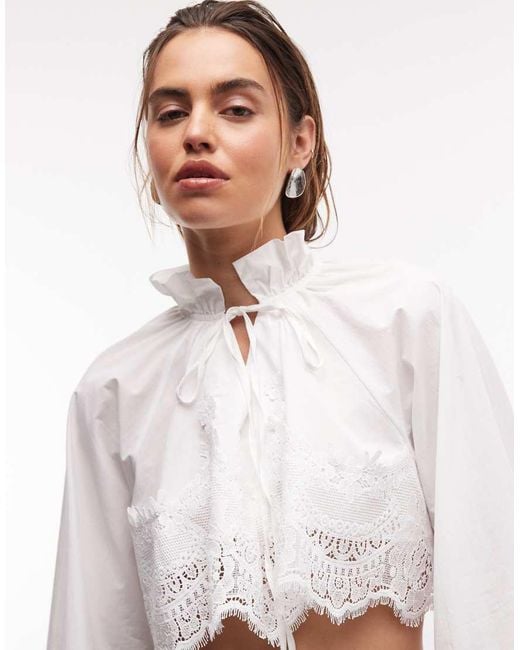 Noughts & Kisses White Flared Sleeve Scalloped Lace Hem Tie Detail Cropped Shirt