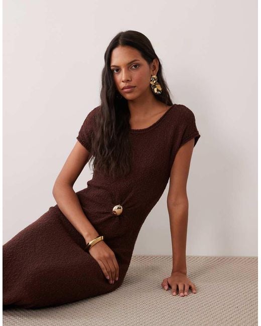 4th & Reckless Brown Knit Metal Hardware Ruched Waist Detail Maxi Dress
