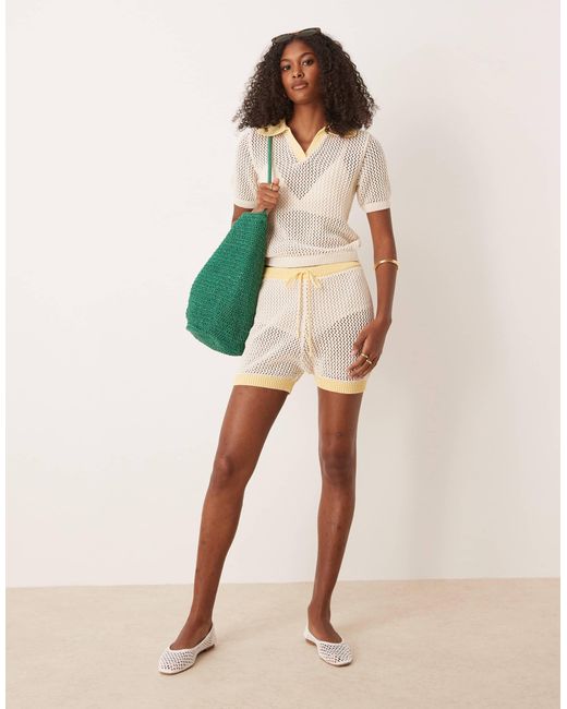 ASOS White Co-ord Knitted Open Stitch Contrast Trim Polo Top