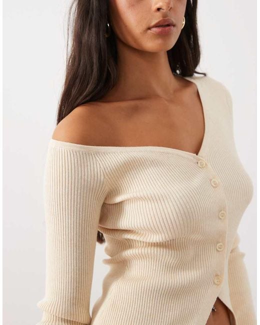 Kaiia White Exclusive Ribbed Knit Off Shoulder Button Split Front Long Sleeve Top