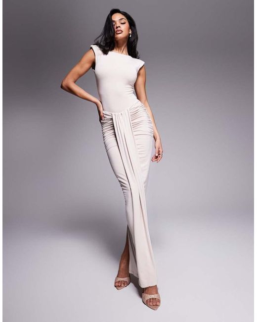 Wanderdoll Natural Nara Sculpting Second Skin Drape Front Maxi Skirt Co-ord
