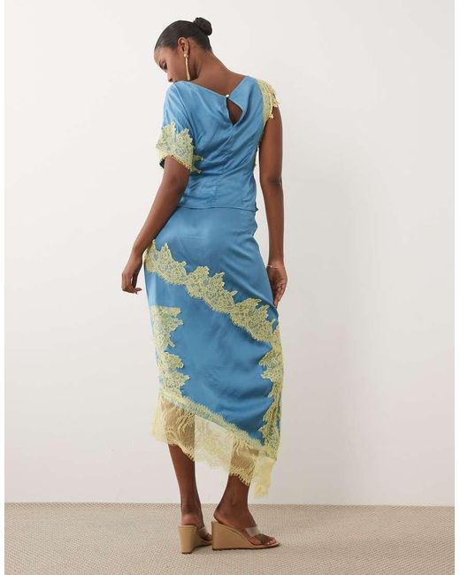 Never Fully Dressed Blue Millie Satin Lace Detail Maxi Skirt