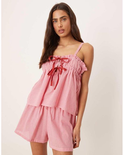 Top De Pijama Corto A Cuadros Vichy Rosa Fresa De Tirantes De (Parte De Un Conjunto) Luna de color Pink