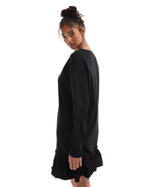 Miss Selfridge Black Long Sleeve Poplin Frill Detail T-shirt Dress