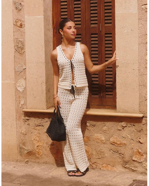 The Frolic Brown X Lydia Kara Exclusive Crochet Contrast Thread Trim Wide Leg Beach Trouser Co-ord