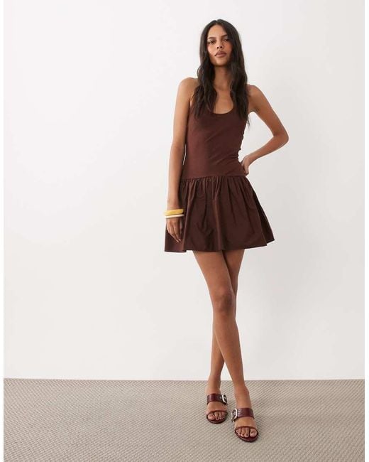 ASOS Brown Scoop Halter Mini Dress With Cotton Poplin Skirt