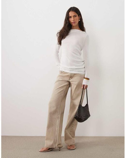 ASOS Natural Fine Knit Off The Shoulder Ruched Top