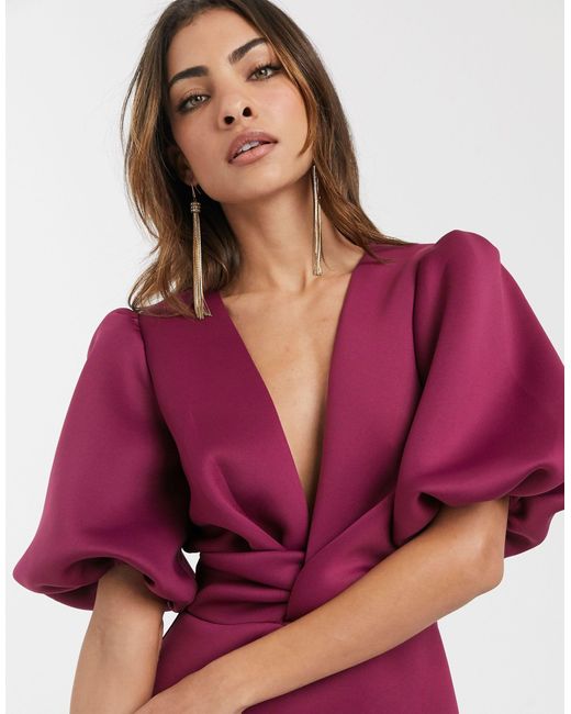asos design bubble sleeve twist detail midi prom dress ASOS Bubble Sleeve Twist Detail Midi Pencil Dress in Pink