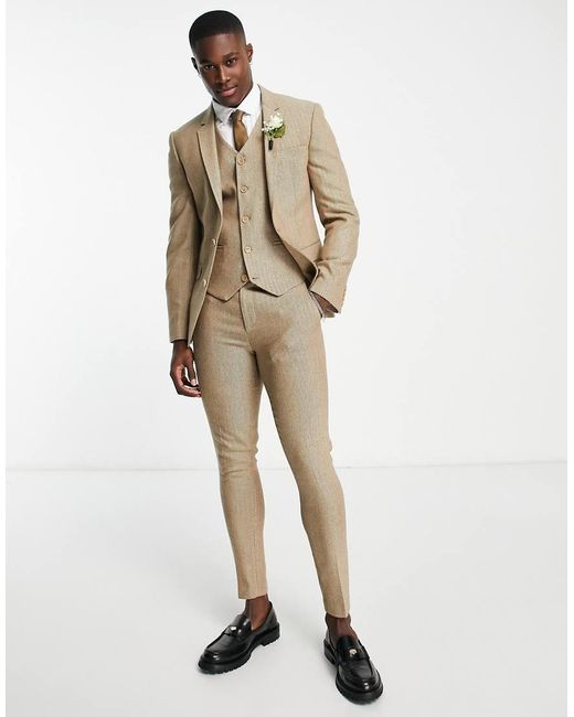 Chaleco De Traje De Corte Muy Entallado Con Diseño De Espiguilla De Mezcla De Lana De -Beis Neutro ASOS de hombre de color Natural