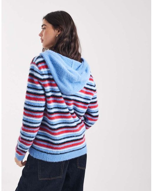 Daisy Street Blue Zip Up Fluffy Knit With Hood