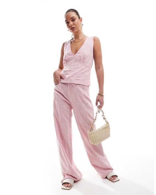 Stradivarius Pink Linen Blend Embroidery Detail Pants