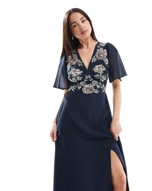 Maya Blue Floral Embellished Short Angel Sleeve Maxi Dress