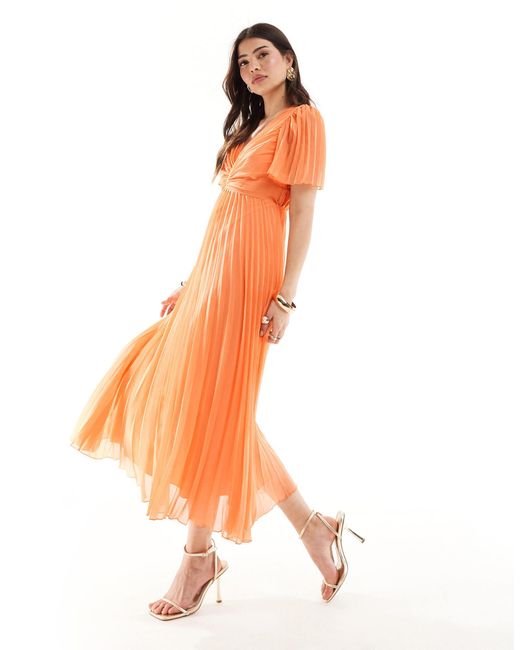 ASOS White Pleated Bodice Flutter Sleeve Pleat Midi Dress