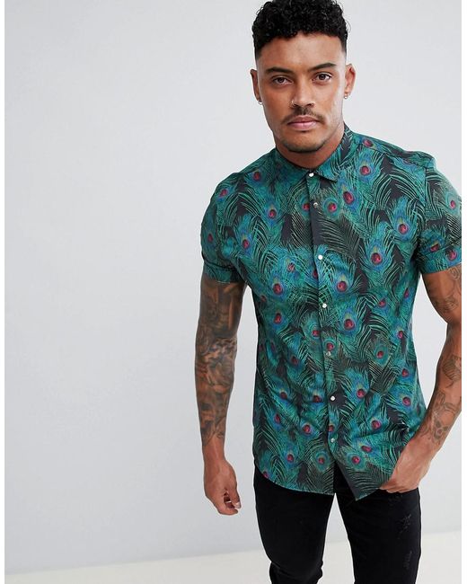 River Island Black Slim Fit Shirt With Peacock Print In Navy for men