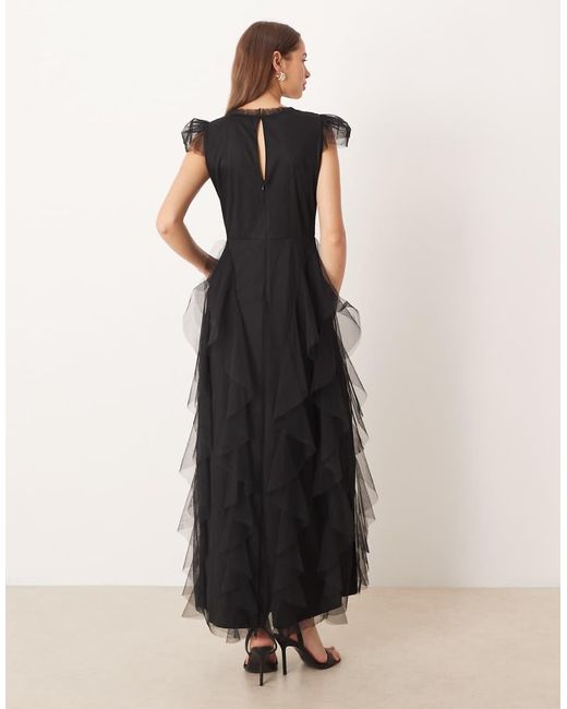 LACE & BEADS Natural Sheer Cap Sleeve Ruffle Maxi Dress