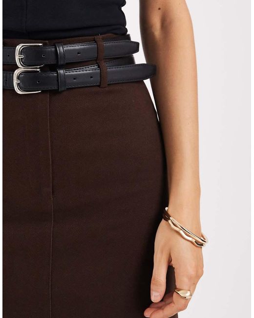 4th & Reckless Brown Cotton Rich Double Belt Detail Column Maxi Skirt Co-ord