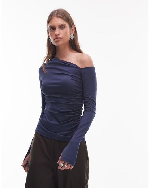 Nia Blue Cleo Off Shoulder Long Sleeve Slinky Top