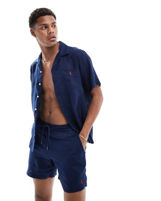 Polo Ralph Lauren Blue Icon Logo Short Sleeve Linen Shirt Classic Oversized Fit for men