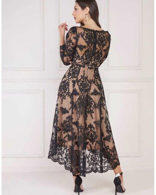 Goddiva Black Scalloped Lace Dipped Hem Midi Dress
