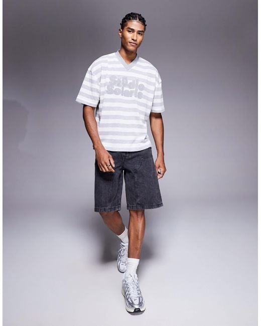 ASOS Gray Boxy Oversized T-shirt With V-neck And Text Graphic for men