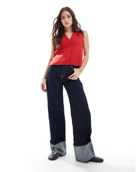 New Look Red Button Down Knitted Waistcoat