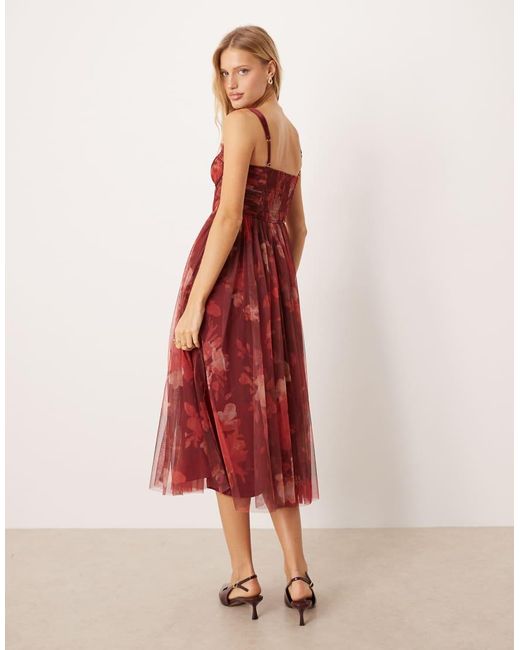 LACE & BEADS Midi Jurk Van Tule Met Korset En Bloemenprint in het Red