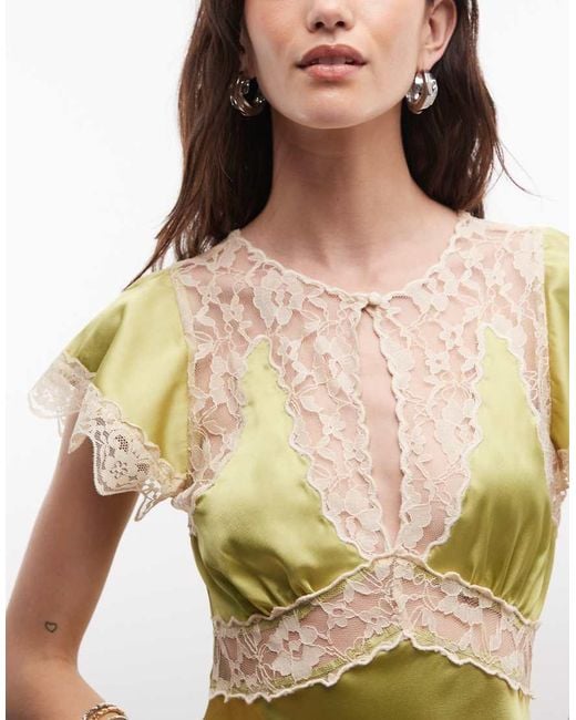 Reclaimed Vintage Green Satin Mini Tea Dress With Contrast Lace Inserts