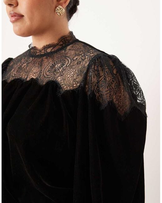 ASOS Black Asos Design Curve Velvet And Lace Mix High Neck Long Sleeve Blouse