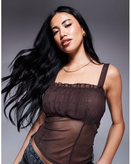 Top froncé en tulle avec surpiqûres - chocolat ASOS en coloris Gray