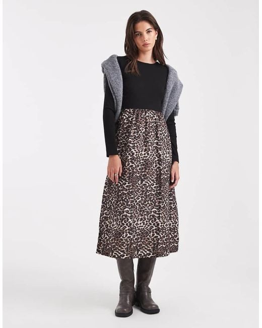 Threadbare Black Long Sleeve Midi Dress With Contrast Leopard Print Skirt