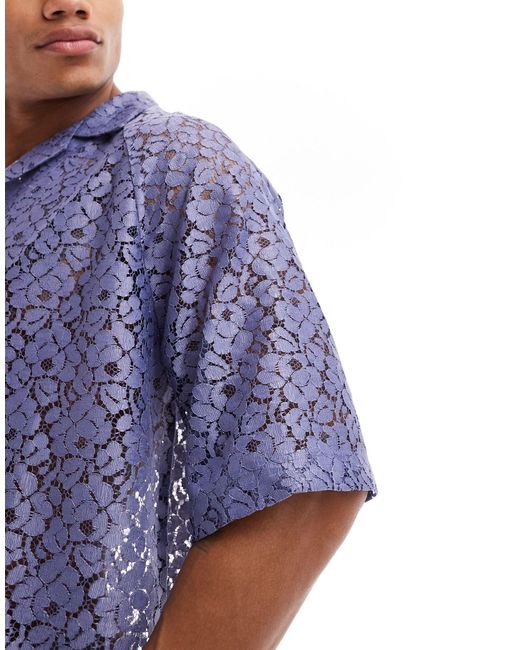 ASOS Blue Short Sleeve Relaxed Fit Raglan Revere Collar Lace Shirt for men