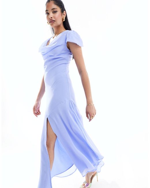 ASOS Blue Chiffon Cowl Neck Midi Dress With Puff Sleeves And Asymmetric Hem