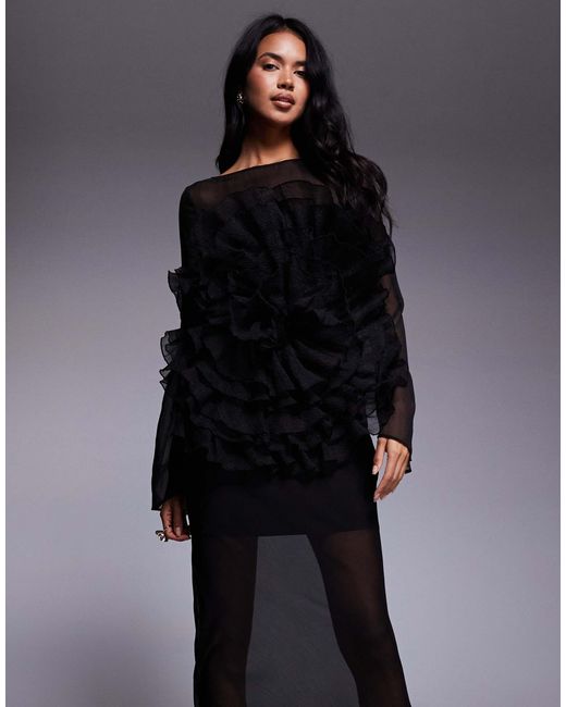 ASOS Gray Long Sleeved Sheer Maxi Dress With Oversized Floral Ruffle Bodice