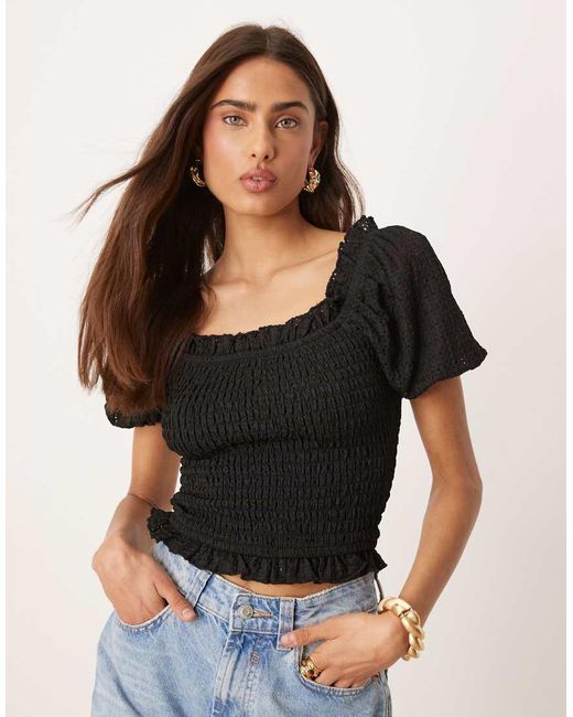 Gina Tricot Blue Puff Sleeve Frill Shirred Top
