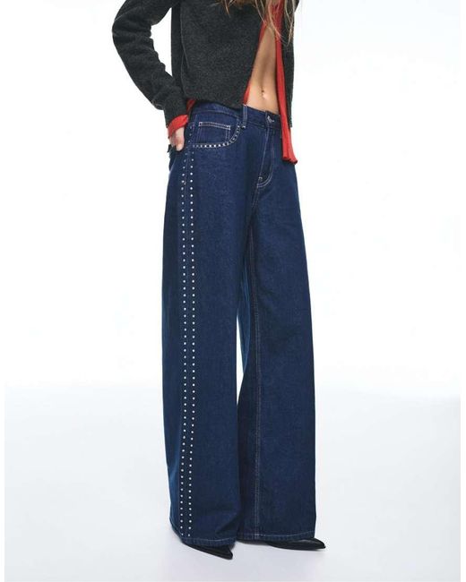 Pull&Bear Blue Studded Wide-leg Jeans