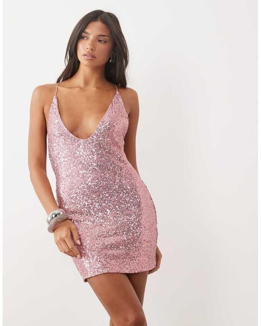 ASOS Pink Sequin Scooped Plunge Sequin Mini Dress