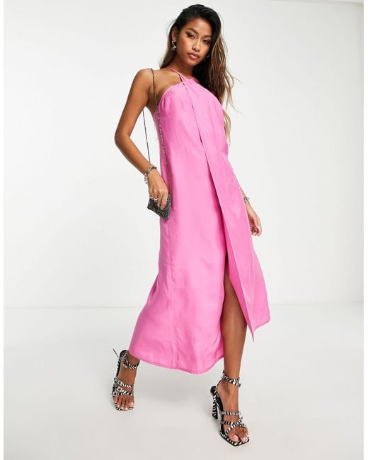 TOPSHOP Strappy Slip Midi Dress in Pink | Lyst