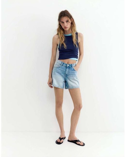 Pull&Bear Blue Mid-Waist Denim Bermuda Shorts