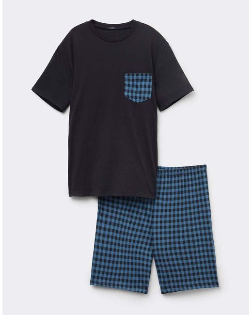 Tezenis Blue Short Checked Cotton Pyjamas With Pocket for men