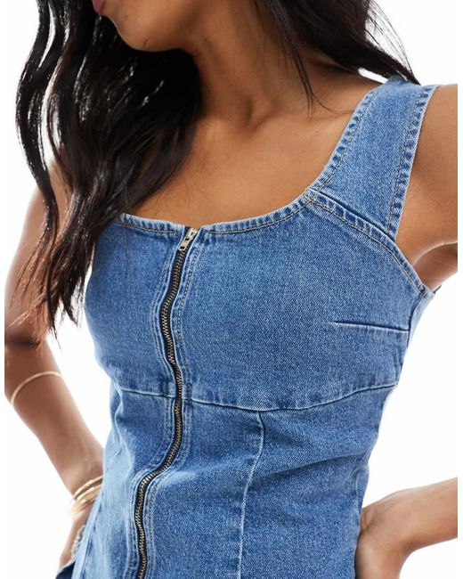 ASOS Blue Asos Desgin Denim Zip Through Square Neck Top