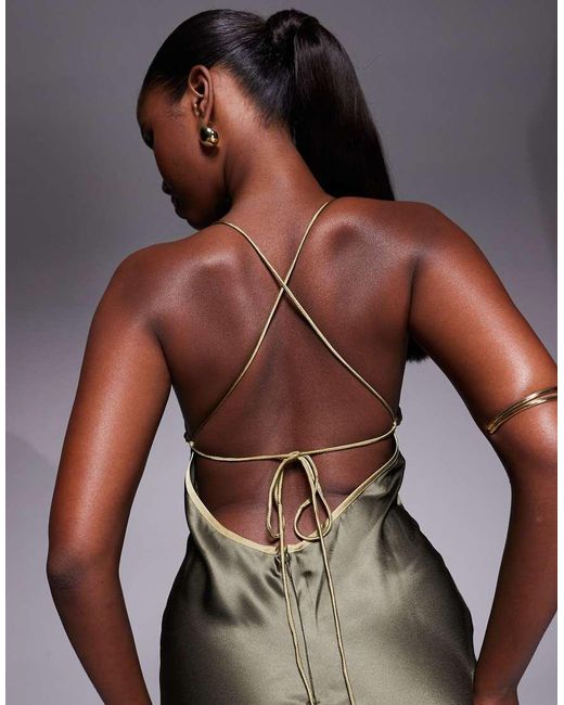 ASOS Green Satin Bias Cut Cami Midi Dress With Contrast Tie Detail