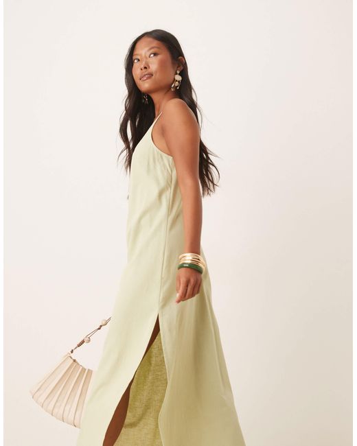 ASOS Natural Asos Design Petite Scoop Neck Cotton Linen Midi Dress