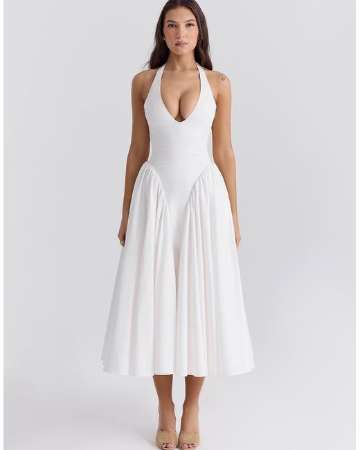 House Of Cb White Marilyn Cotton Halter Midi Sundress