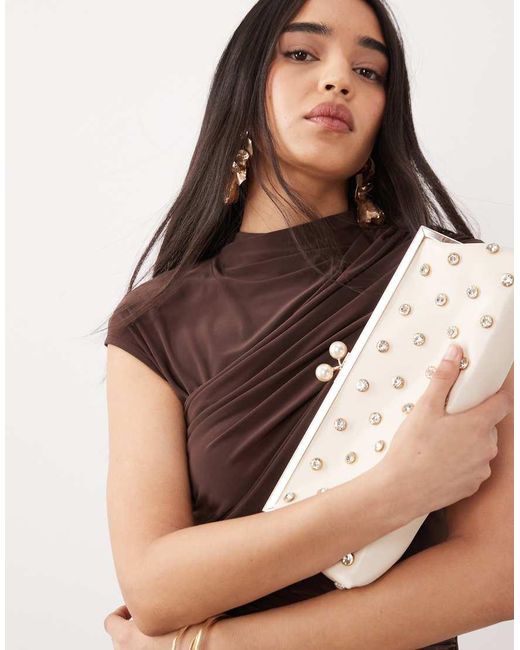 ASOS Brown Slinky Ruched Drape Detail Top