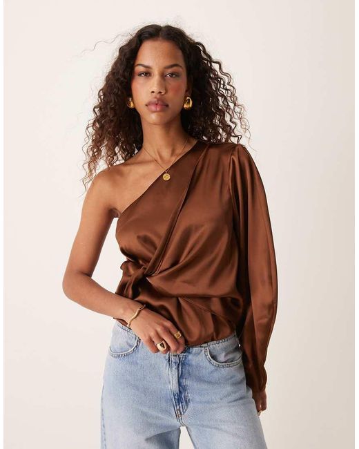 ASOS Brown One Shoulder Satin Wrap Bodysuit