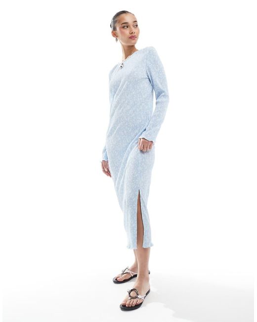 Pieces Blue Long Sleeve Plisse Midi Dress