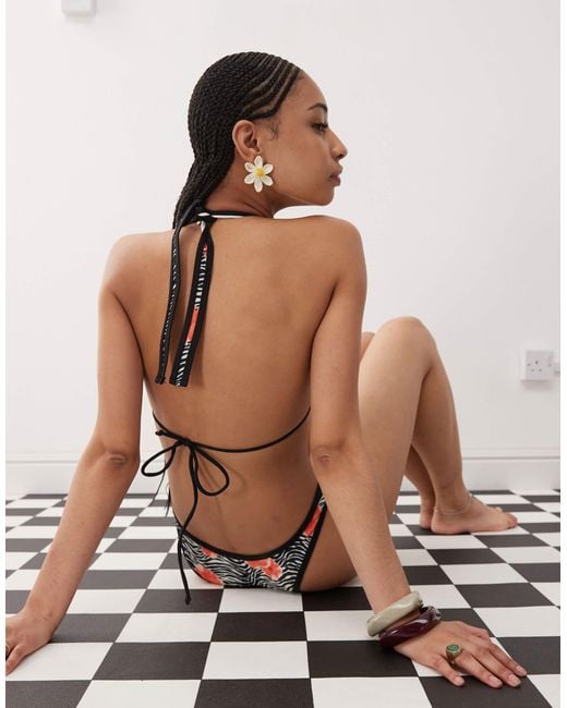 Motel Brown Cerry Floral Zebra Print Bikini Top