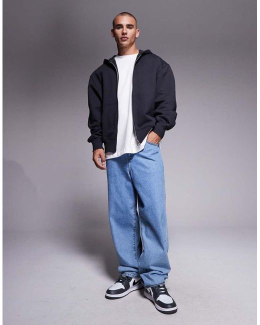 Sudadera Gris Carbón Extragrande Con Capucha Y Cremallera De Tejido Grueso De 400 G/M² Premium De ASOS de hombre de color Blue