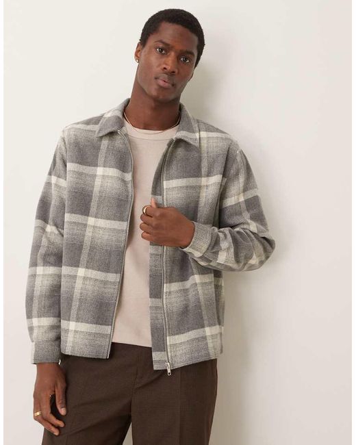 Camicia Giacca Squadrata Vestibilità Comoda Grigia Spazzolata A Quadri Con Chiusura Con Zip di ASOS in Natural da Uomo